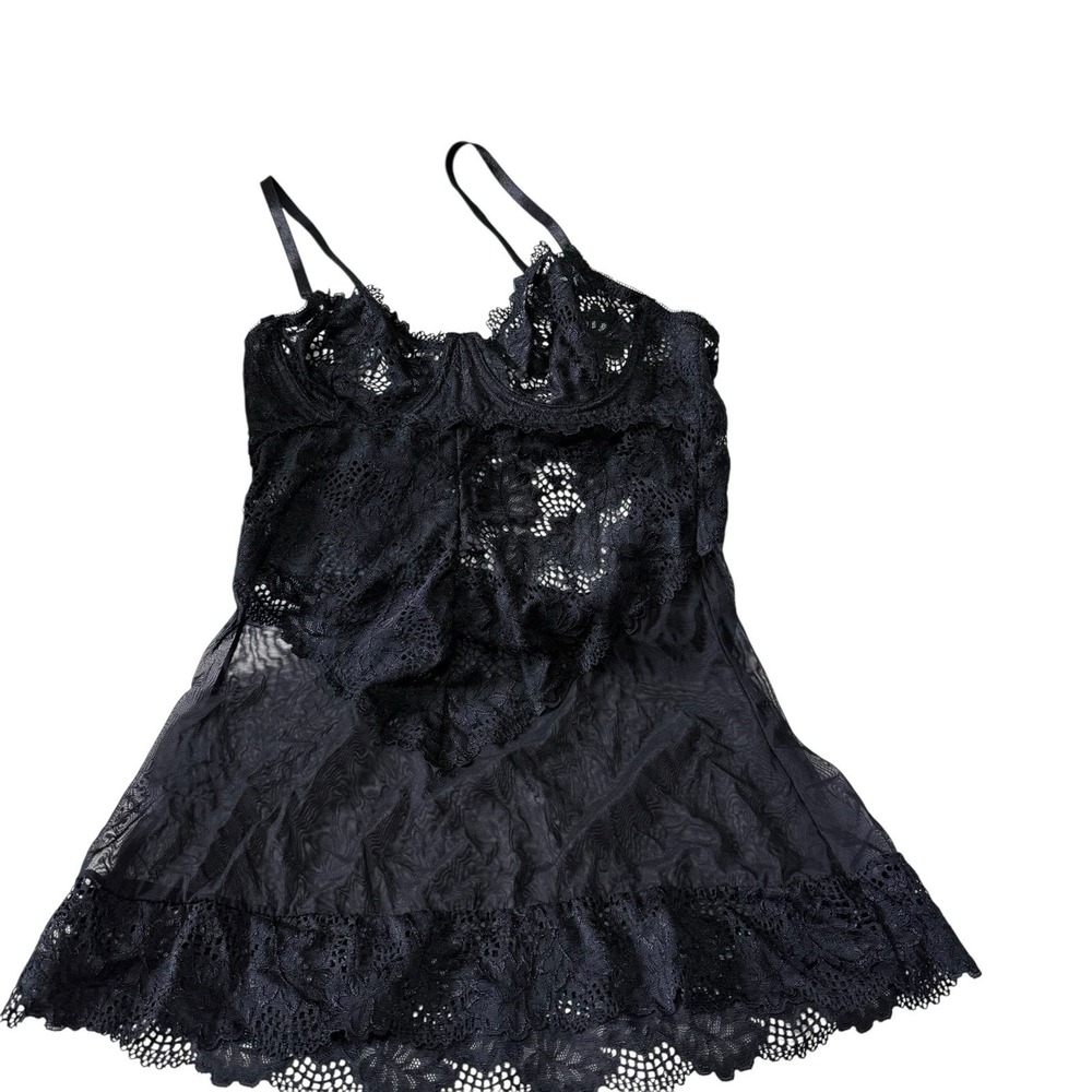 Women's S Oh La La Cheri Underwire Scalloped Edge Black Sheer Babydoll Nightgown